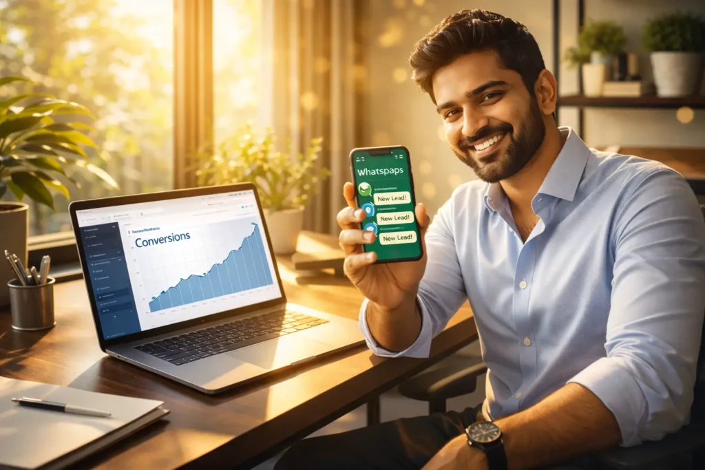 Happy Indian entrepreneur receiving WhatsApp lead notifications with increasing website conversions on laptop