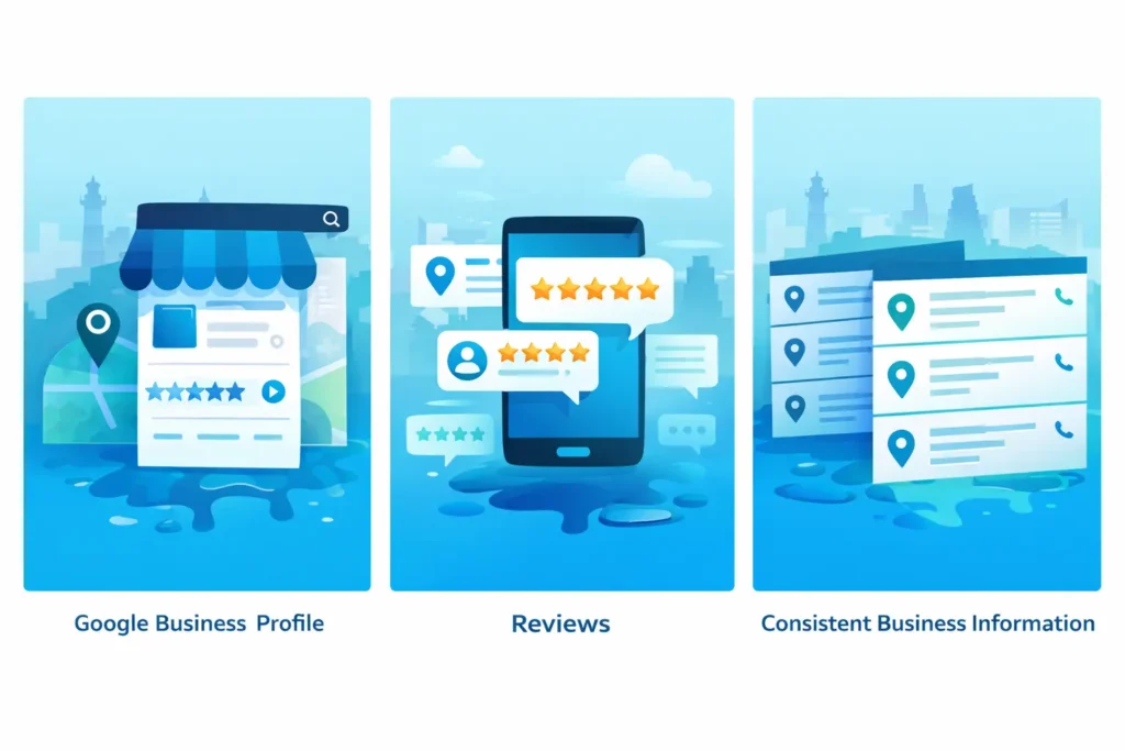 Illustration showing Google Business Profile listing, customer reviews and consistent business information improving local SEO rankings