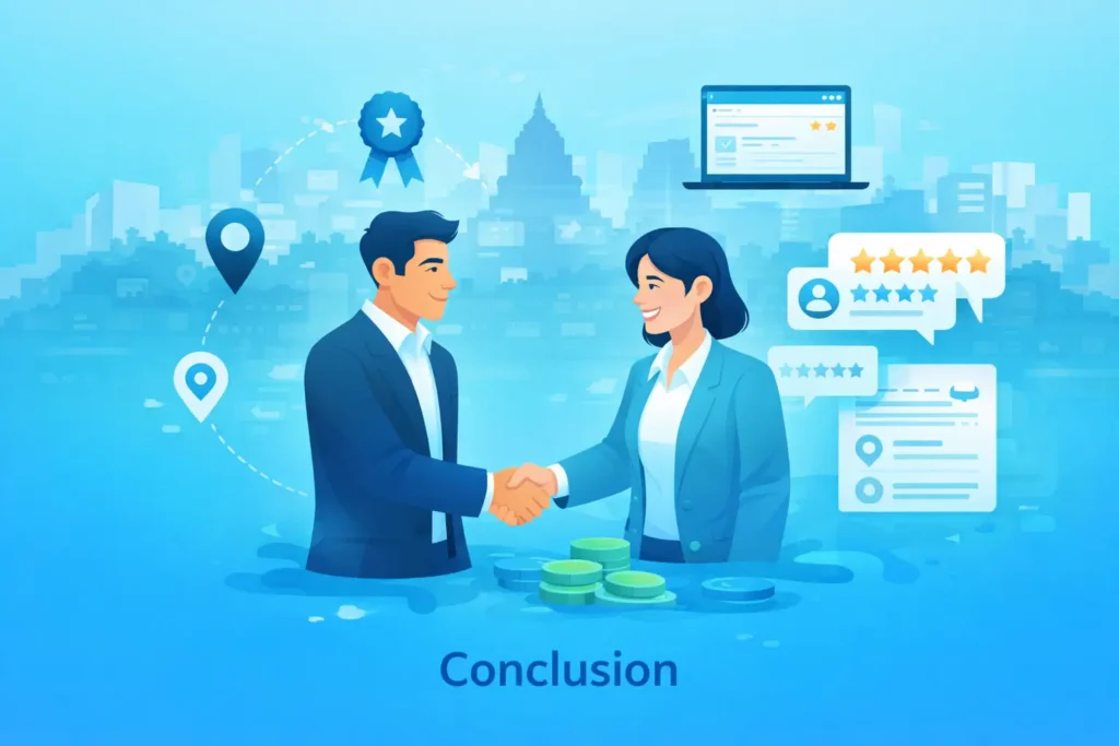 Business professionals shaking hands after achieving higher Google rankings through local SEO strategies