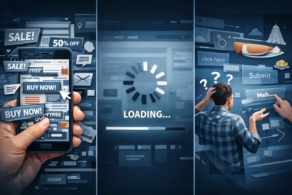 Cluttered mobile website with poor navigation, slow loading screen, and weak call-to-action buttons causing user confusion
