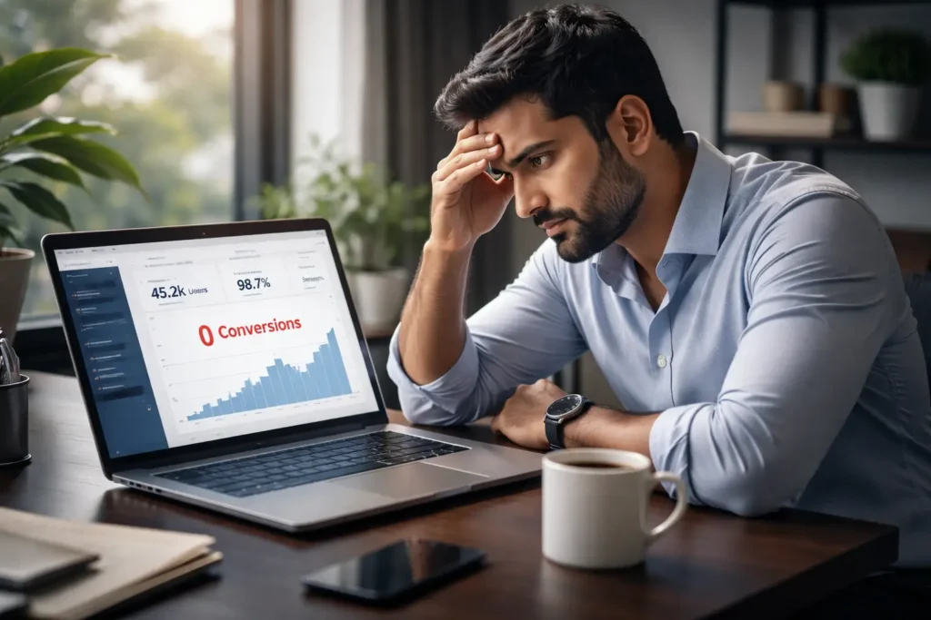 Indian business owner in Chennai frustrated while viewing high website traffic but zero conversions on analytics dashboard